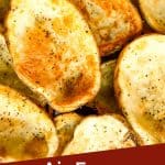 Pin image of empty Air Fryer Potato Skins shells with title at bottom