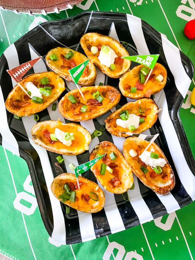 Football themed potatoes with classic fillings and football flags