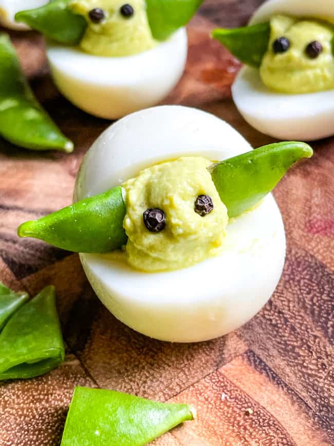 A close up of Baby Yoda Deviled Eggs