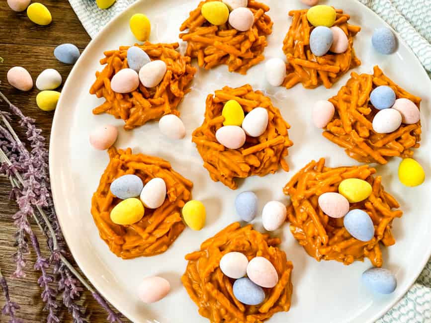 Birds Nest Cookies on a white plate