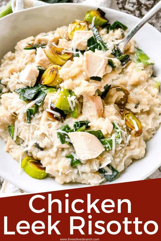 Pin image of a fork digging into Chicken and Leek Risotto with title at bottom