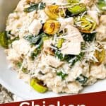 Pin image close up of Chicken and Leek Risotto with title at bottom