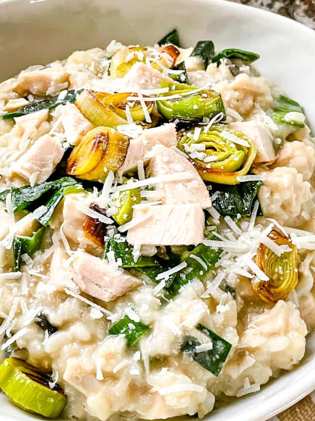 A full bowl of Chicken and Leek Risotto