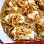 Pin image for French Onion Pork Chops in a large serving plate with title at bottom