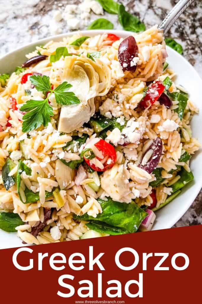 Pin image for Greek Orzo Salad in a bowl with a spoon digging into it