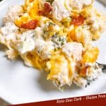 Pin image of Keto Chicken Bacon Ranch Casserole on a white plate with title at bottom