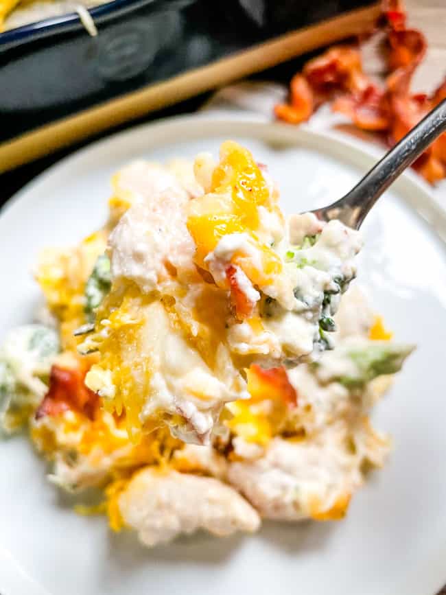 A fork digging into Keto Chicken Bacon Ranch Casserole