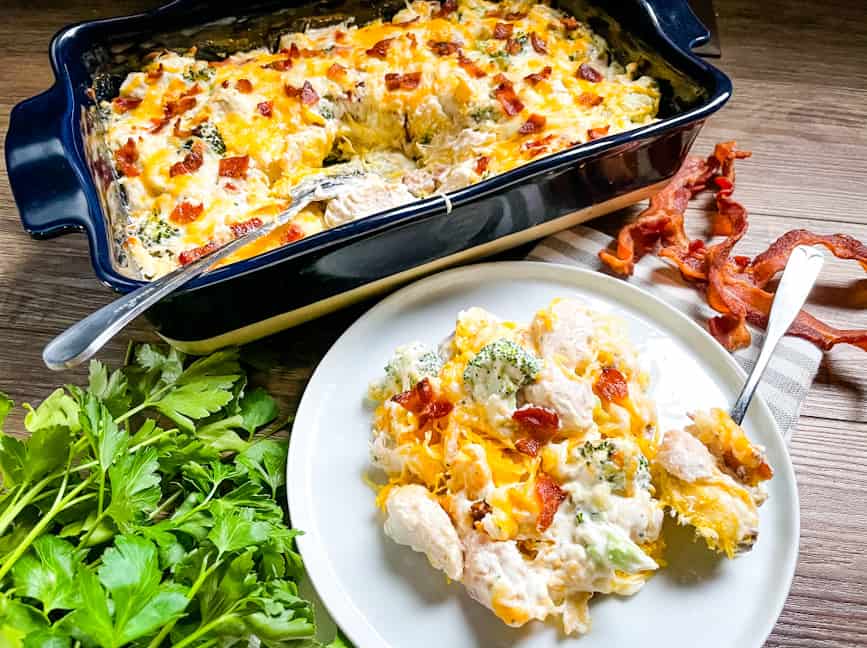 Low carb chicken casserole on a plate and in the serving dish