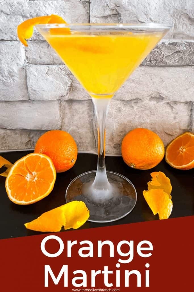 Pin image of a glass of Orange Martini with title at bottom