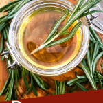 Pin image top view of Rosemary Simple Syrup surrounded by herbs with title at bottom