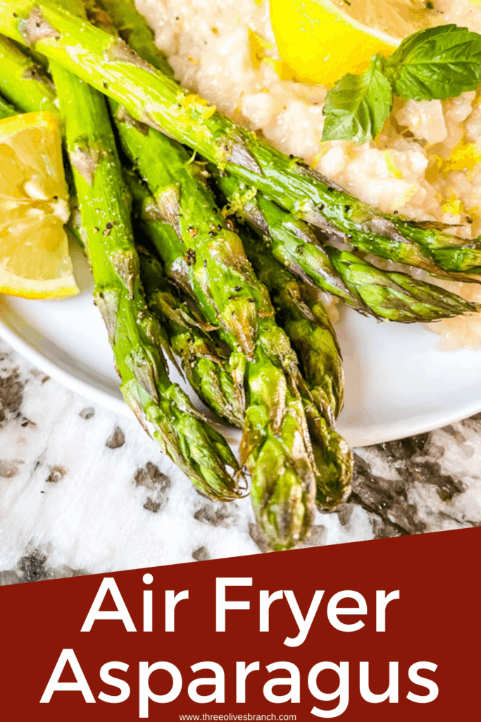 Pin image for Air Fryer Asparagus on a plate with title at bottom