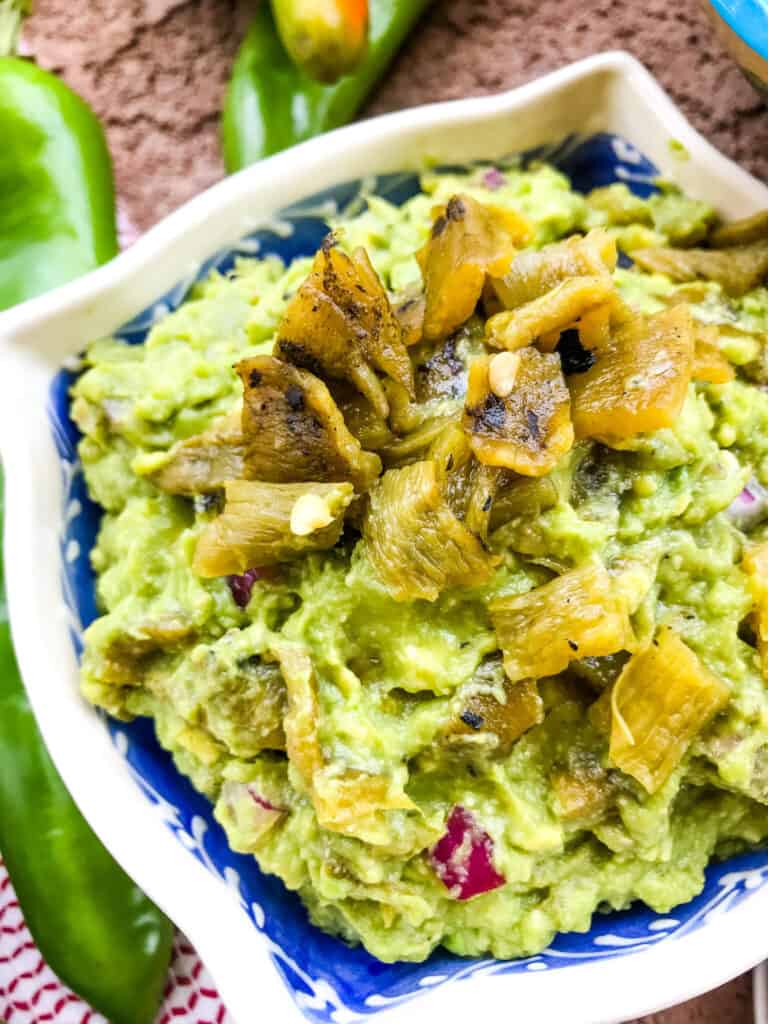 Close up of Hatch Green Chile Guacamole in a bowl