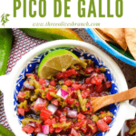Pin image of a bowl of Hatch Green Chile Pico de Gallo with title at top
