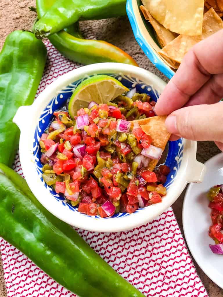 A hand dunking a chip into the salsa