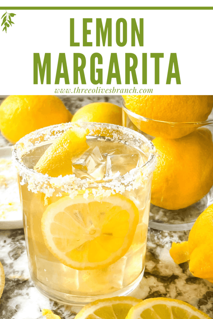 Pin image of Lemon Margarita in a glass with lemons around it and title at top