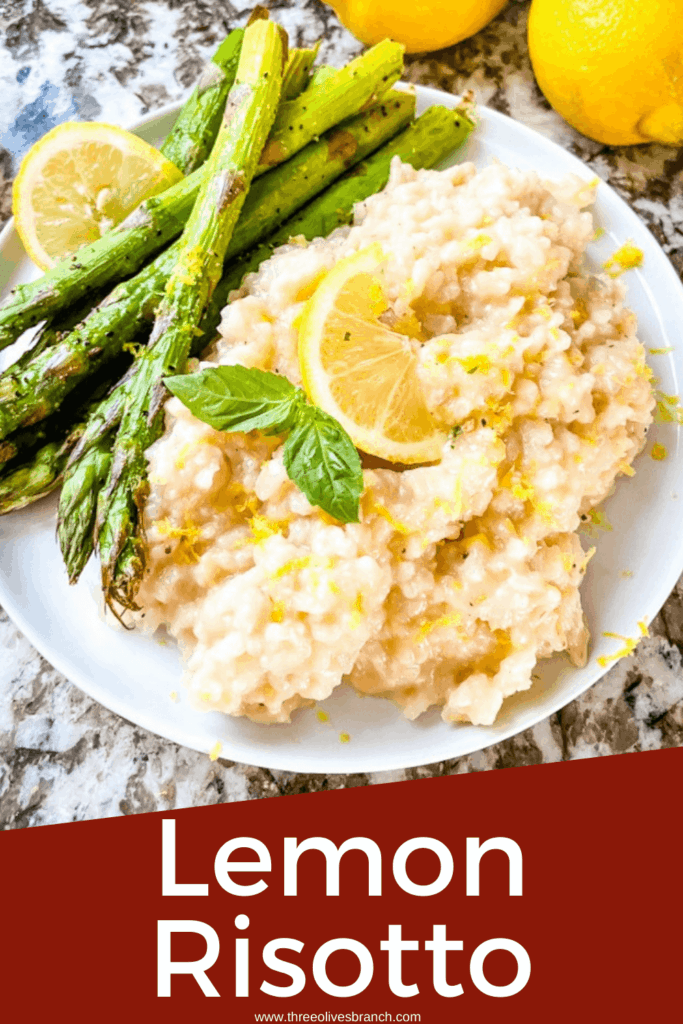 Pin image for Risotto al Limone (Lemon Risotto) on a white plate with asparagus and title at bottom