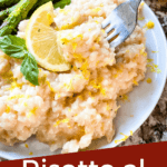 Pin image for a fork digging into Risotto al Limone (Lemon Risotto)