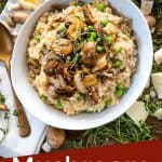 Pin image of a bowl of Mushroom Pea Risotto with title at bottom