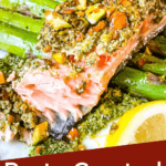 Pin image for Pesto Crusted Salmon part eaten with title at bottom