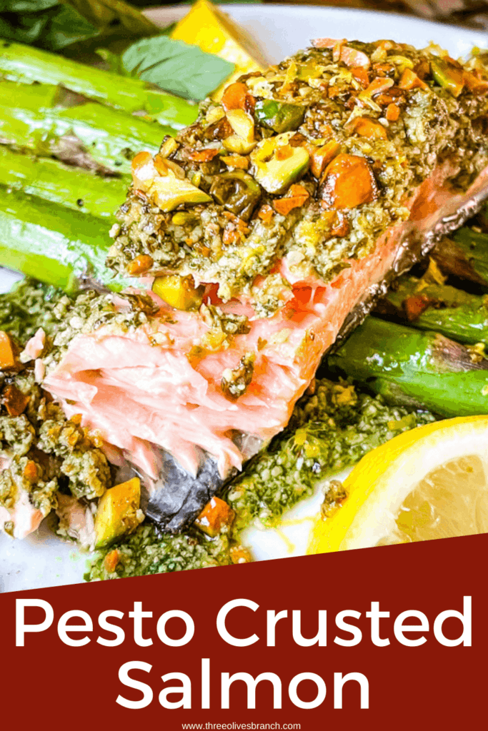 Pin image for Pesto Crusted Salmon part eaten with title at bottom