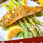 Pin image for Pesto Crusted Salmon on asparagus with title at bottom