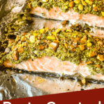 Pin image of two Pesto Crusted Salmon on a pan with title at bottom