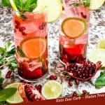 Pin image for Pomegranate Mojito with two cocktails surrounded by limes and pomegranate seeds