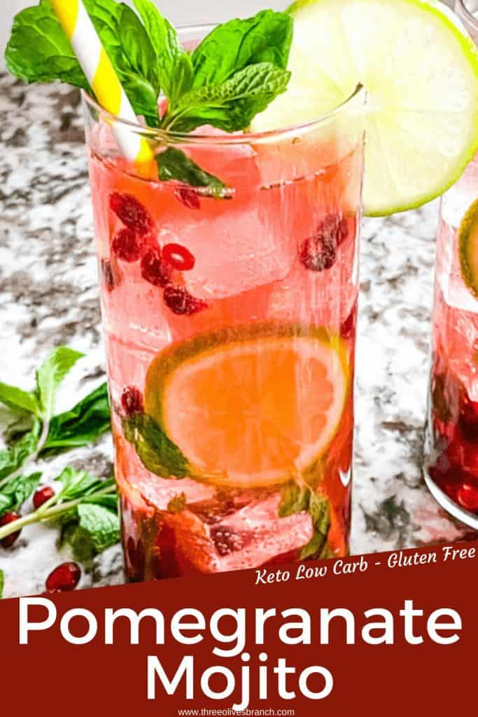 Pin image for Pomegranate Mojito of a close up of a drink with title at bottom