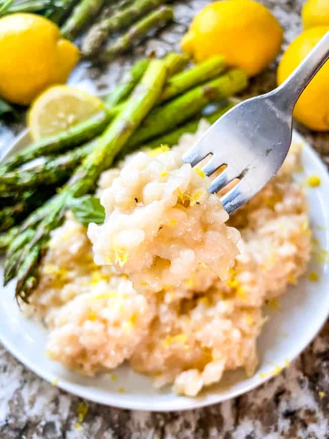 A fork full of rice hovering over the plate