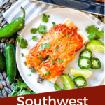 Pin image of Southwest Ground Turkey Enchiladas being plated with title at bottom