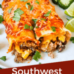 Pin image of two Southwest Ground Turkey Enchiladas on a plate with title at bottom