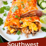 Pin image of a fork cutting into Southwest Ground Turkey Enchiladas with title at bottom