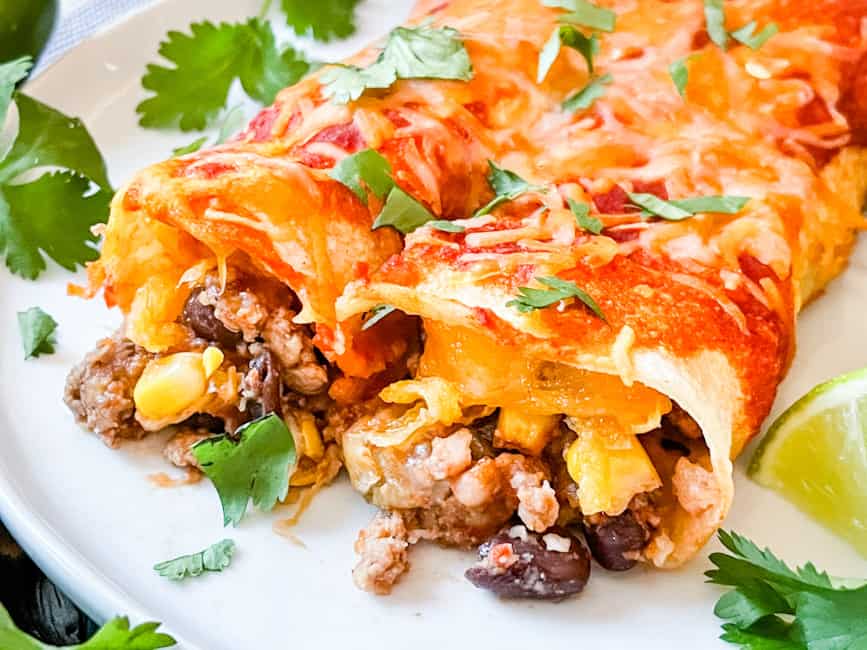 Close up of the end of Southwest Ground Turkey Enchiladas on a plate