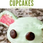 Pin image close up of Baby Yoda Cupcakes with title at top