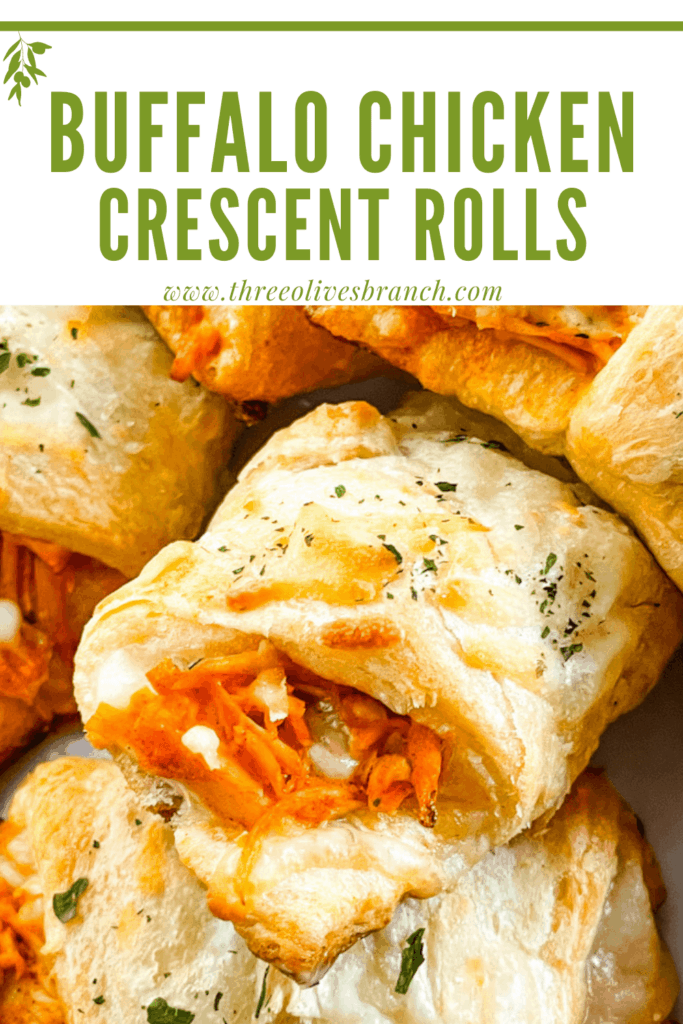 Pin image close up of Buffalo Chicken Crescent Rolls in a pile with title at top