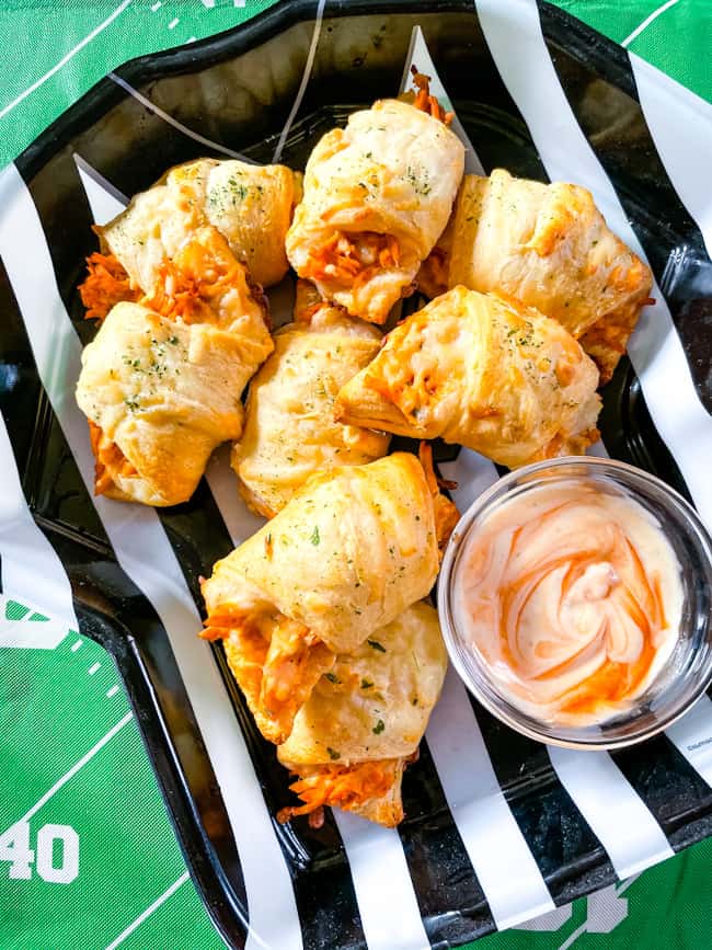 Buffalo Chicken Crescent Rolls in a football referee plate