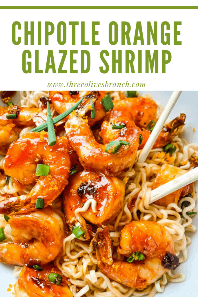 Pin image for Chipotle Orange Glazed Shrimp on noodles with chopsticks in a bowl