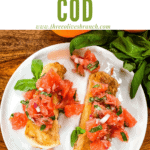 Pin image top view of Cod with Grapefruit Relish on a white plate with title at top