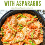 Pin image of Cod Pomodoro with Asparagus in a skillet with title at top