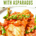 Pin image of a piece of Cod Pomodoro with Asparagus on a plate with title at top