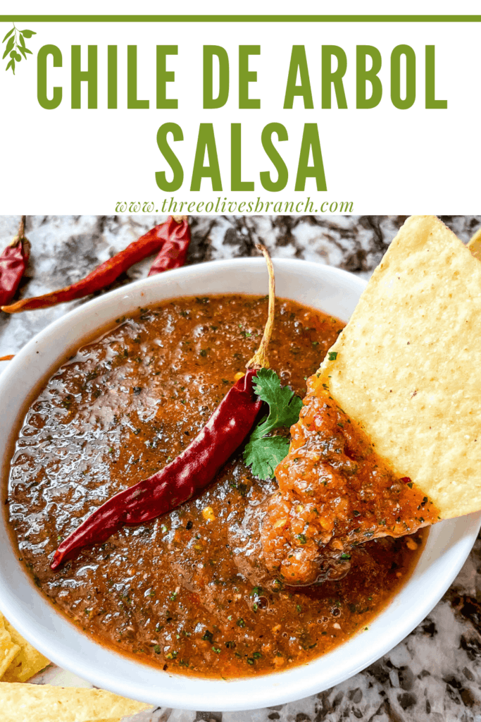 Pin image of a chip dunking into a bowl of Salsa Chile de Arbol with title at top