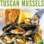 Pin image of a fork digging into a bowl of Copycat Maggiano's Tuscan Mussels with title at top