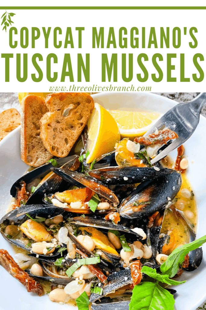 Pin image of a fork digging into a bowl of Copycat Maggiano's Tuscan Mussels with title at top