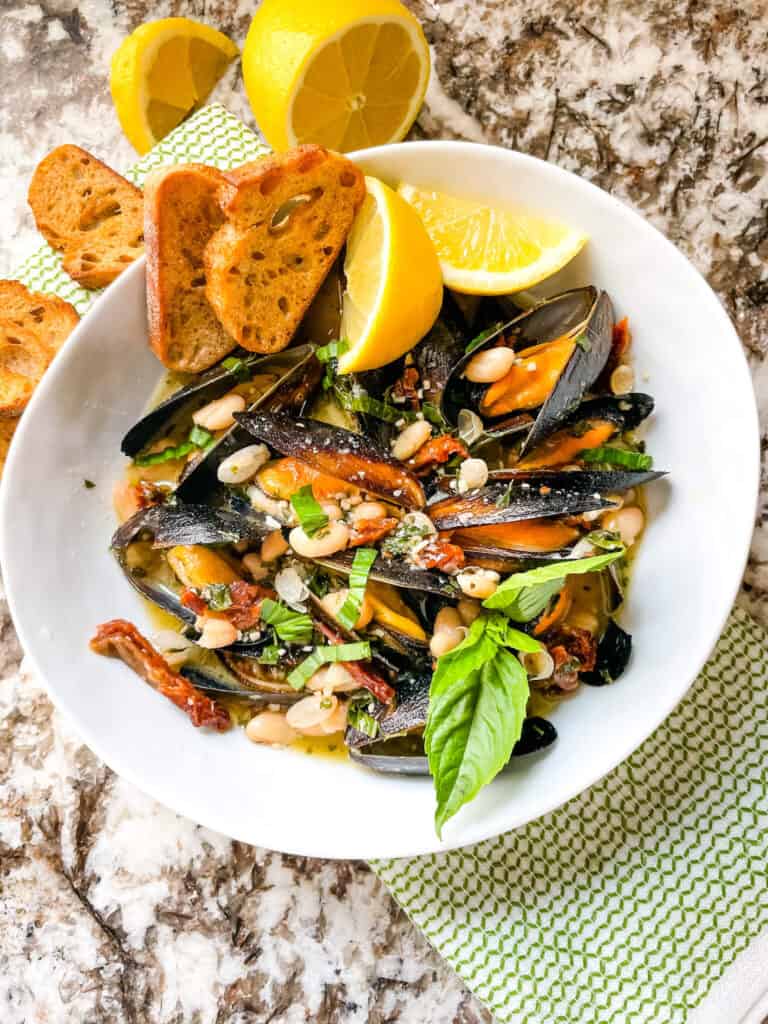 Top view of a bowl of Copycat Maggiano's Tuscan Mussels