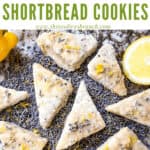 A bunch of triangular Lemon Lavender Shortbread Cookies on lavender buds with title at top
