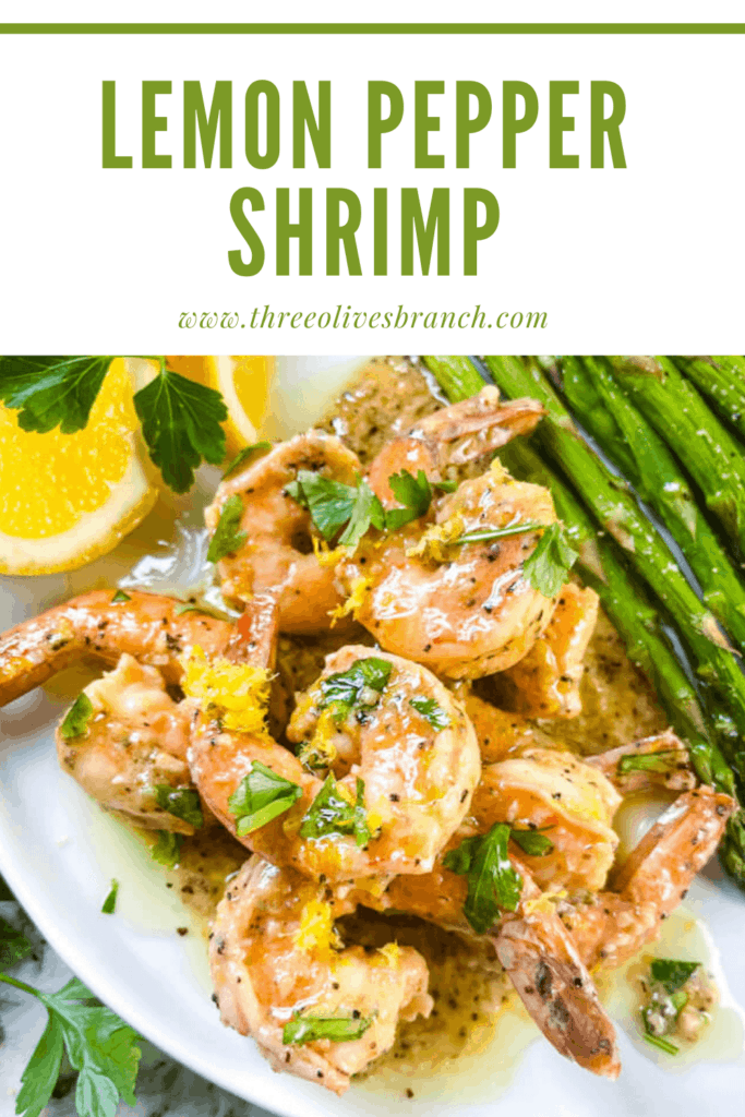 Pin image of Lemon Pepper Shrimp piled on a plate with title at top