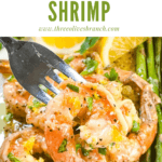 Pin image of a Lemon Pepper Shrimp on a fork with title at top