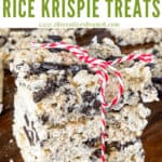 Pin image for a stack of Oreo Rice Krispie Treats with title at top