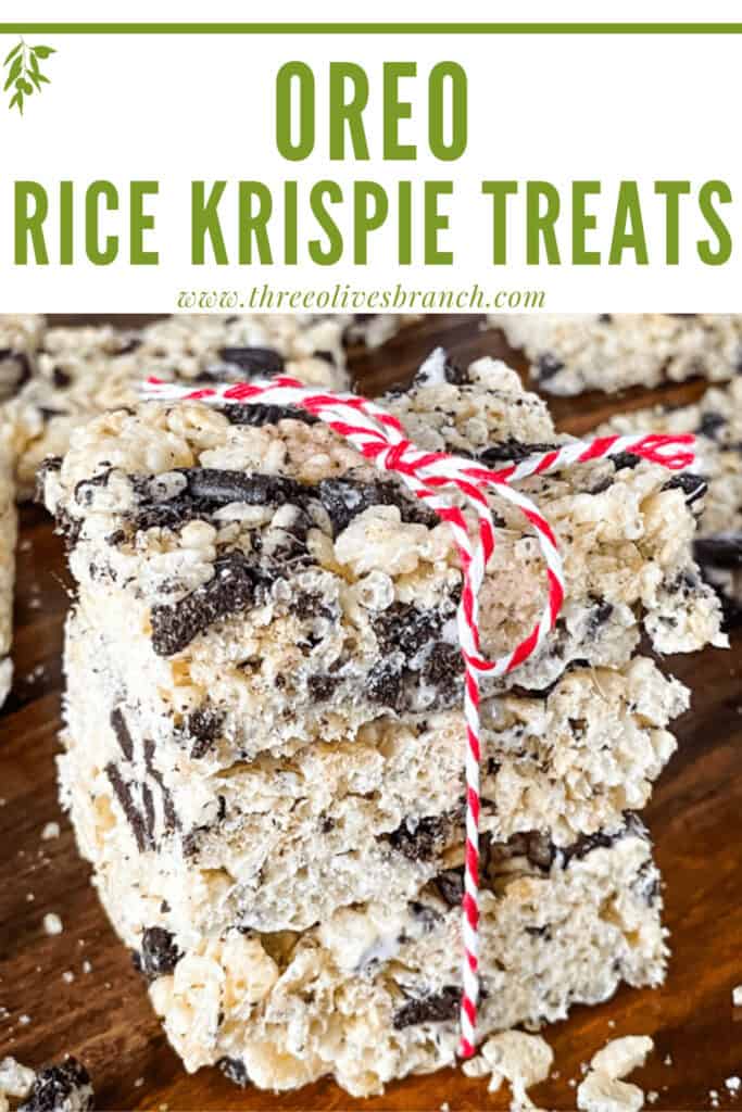 Pin image for a stack of Oreo Rice Krispie Treats with title at top