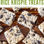 Pin image for squares of Oreo Rice Krispie Treats with title at top